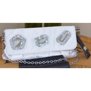 Sergio Feretti White Satin Faux Crystal Diamond Appliqué Clutch Shoulder Handbag